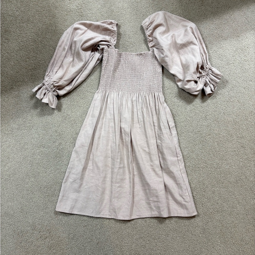 Elegant Puff Sleeve Linen Natural Midi Dress Women’s Small